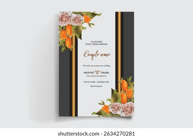 WEDDING INVITATION FRAME WITH FLOWER DECORATIONS AND FRESH LEAVES