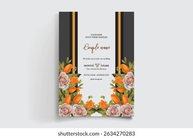 WEDDING INVITATION FRAME WITH FLOWER DECORATIONS AND FRESH LEAVES