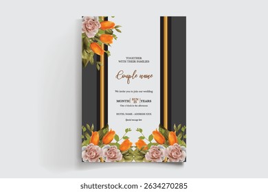 WEDDING INVITATION FRAME WITH FLOWER DECORATIONS AND FRESH LEAVES