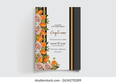WEDDING INVITATION FRAME WITH FLOWER DECORATIONS AND FRESH LEAVES