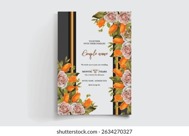 WEDDING INVITATION FRAME WITH FLOWER DECORATIONS AND FRESH LEAVES