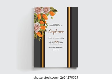 WEDDING INVITATION FRAME WITH FLOWER DECORATIONS AND FRESH LEAVES