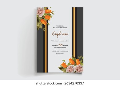 WEDDING INVITATION FRAME WITH FLOWER DECORATIONS AND FRESH LEAVES