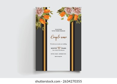 WEDDING INVITATION FRAME WITH FLOWER DECORATIONS AND FRESH LEAVES