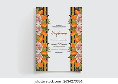 WEDDING INVITATION FRAME WITH FLOWER DECORATIONS AND FRESH LEAVES