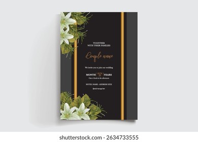 WEDDING INVITATION FRAME WITH FLOWER DECORATIONS AND FRESH LEAVES