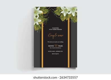 WEDDING INVITATION FRAME WITH FLOWER DECORATIONS AND FRESH LEAVES
