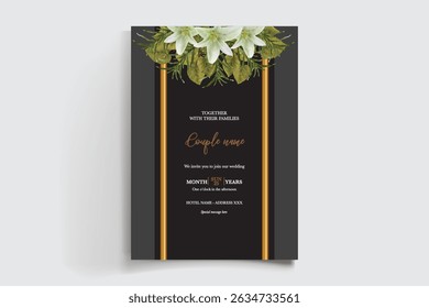 WEDDING INVITATION FRAME WITH FLOWER DECORATIONS AND FRESH LEAVES