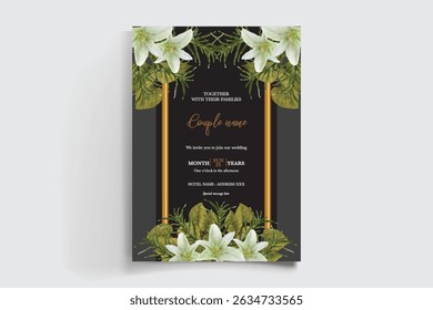 HOCHZEITSEINLADUNGSRAHMEN MIT BLUMENDEKORATIONEN UND FRISCHEN BLÄTTERN