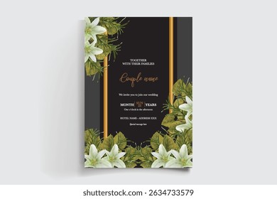 WEDDING INVITATION FRAME WITH FLOWER DECORATIONS AND FRESH LEAVES