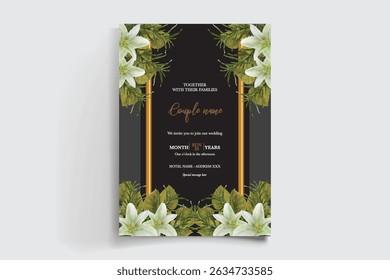 WEDDING INVITATION FRAME WITH FLOWER DECORATIONS AND FRESH LEAVES