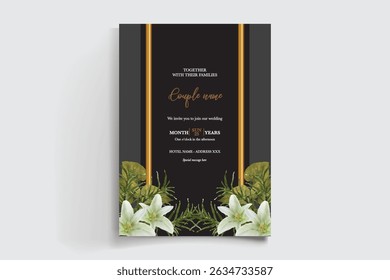WEDDING INVITATION FRAME WITH FLOWER DECORATIONS AND FRESH LEAVES