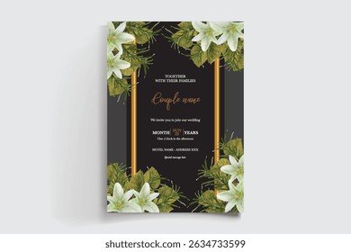 WEDDING INVITATION FRAME WITH FLOWER DECORATIONS AND FRESH LEAVES