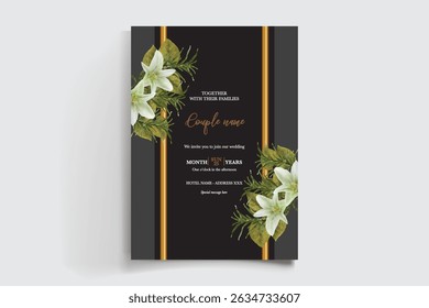 WEDDING INVITATION FRAME WITH FLOWER DECORATIONS AND FRESH LEAVES