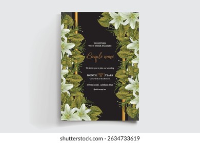 WEDDING INVITATION FRAME WITH FLOWER DECORATIONS AND FRESH LEAVES