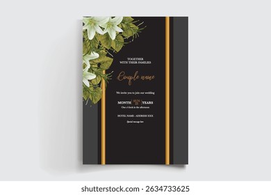 WEDDING INVITATION FRAME WITH FLOWER DECORATIONS AND FRESH LEAVES