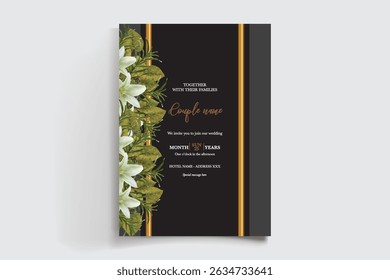 WEDDING INVITATION FRAME WITH FLOWER DECORATIONS AND FRESH LEAVES