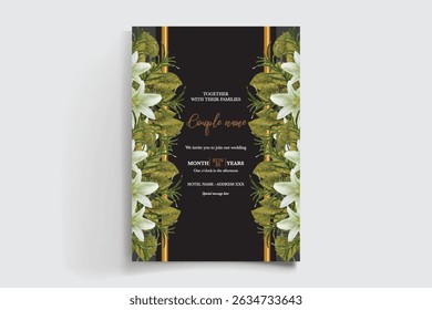 MARCO DE INVITACIÓN DE BODA CON DECORACIONES FLORALES Y HOJAS FRESCAS