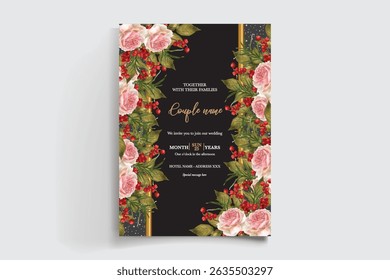WEDDING INVITATION FRAME WITH FLOWER DECORATIONS AND FRESH LEAVES