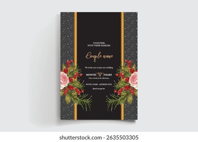 WEDDING INVITATION FRAME WITH FLOWER DECORATIONS AND FRESH LEAVES