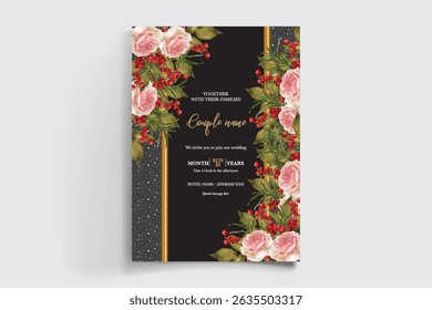 WEDDING INVITATION FRAME WITH FLOWER DECORATIONS AND FRESH LEAVES