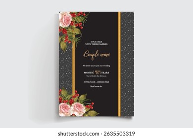 WEDDING INVITATION FRAME WITH FLOWER DECORATIONS AND FRESH LEAVES