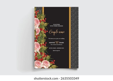 WEDDING INVITATION FRAME WITH FLOWER DECORATIONS AND FRESH LEAVES