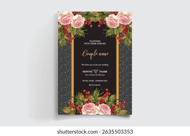HOCHZEITSEINLADUNGSRAHMEN MIT BLUMENDEKORATIONEN UND FRISCHEN BLÄTTERN