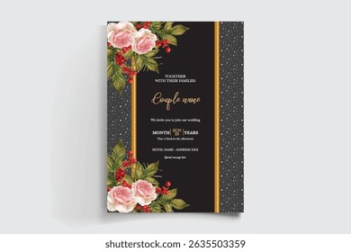 WEDDING INVITATION FRAME WITH FLOWER DECORATIONS AND FRESH LEAVES