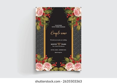 WEDDING INVITATION FRAME WITH FLOWER DECORATIONS AND FRESH LEAVES