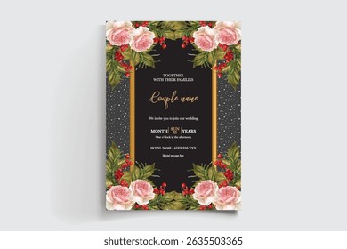 WEDDING INVITATION FRAME WITH FLOWER DECORATIONS AND FRESH LEAVES