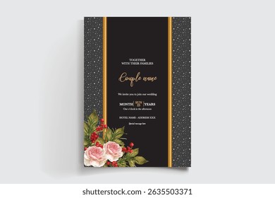 WEDDING INVITATION FRAME WITH FLOWER DECORATIONS AND FRESH LEAVES