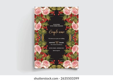WEDDING INVITATION FRAME WITH FLOWER DECORATIONS AND FRESH LEAVES