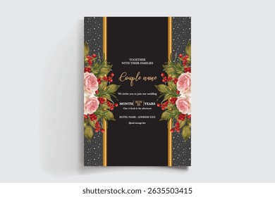 WEDDING INVITATION FRAME WITH FLOWER DECORATIONS AND FRESH LEAVES