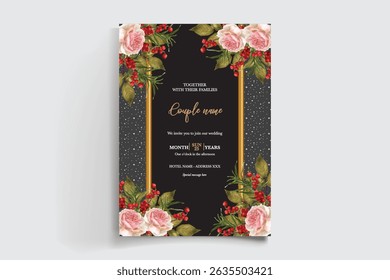 WEDDING INVITATION FRAME WITH FLOWER DECORATIONS AND FRESH LEAVES