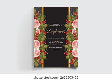 WEDDING INVITATION FRAME WITH FLOWER DECORATIONS AND FRESH LEAVES