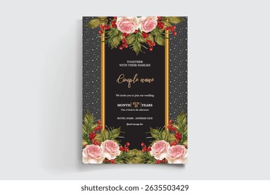 WEDDING INVITATION FRAME WITH FLOWER DECORATIONS AND FRESH LEAVES