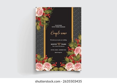 WEDDING INVITATION FRAME WITH FLOWER DECORATIONS AND FRESH LEAVES