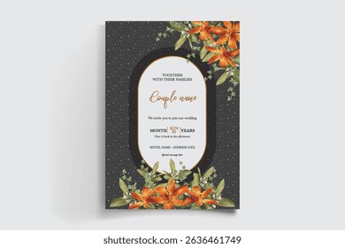 WEDDING INVITATION FRAME WITH FLOWER DECORATIONS AND FRESH LEAVES