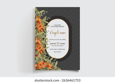 WEDDING INVITATION FRAME WITH FLOWER DECORATIONS AND FRESH LEAVES