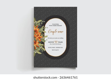 WEDDING INVITATION FRAME WITH FLOWER DECORATIONS AND FRESH LEAVES