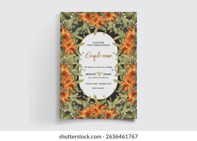 WEDDING INVITATION FRAME WITH FLOWER DECORATIONS AND FRESH LEAVES