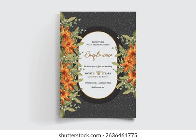 WEDDING INVITATION FRAME WITH FLOWER DECORATIONS AND FRESH LEAVES