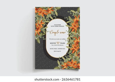 WEDDING INVITATION FRAME WITH FLOWER DECORATIONS AND FRESH LEAVES