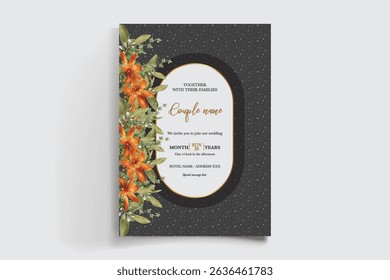 WEDDING INVITATION FRAME WITH FLOWER DECORATIONS AND FRESH LEAVES