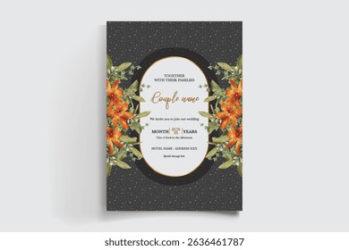 WEDDING INVITATION FRAME WITH FLOWER DECORATIONS AND FRESH LEAVES