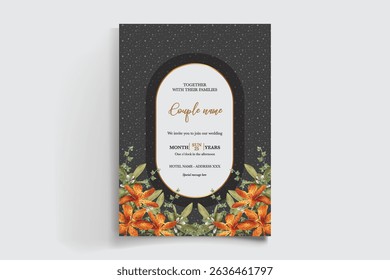 WEDDING INVITATION FRAME WITH FLOWER DECORATIONS AND FRESH LEAVES