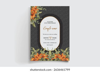 WEDDING INVITATION FRAME WITH FLOWER DECORATIONS AND FRESH LEAVES