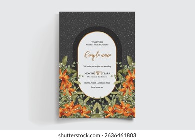 WEDDING INVITATION FRAME WITH FLOWER DECORATIONS AND FRESH LEAVES