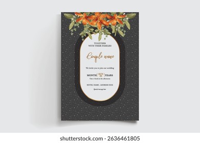 WEDDING INVITATION FRAME WITH FLOWER DECORATIONS AND FRESH LEAVES